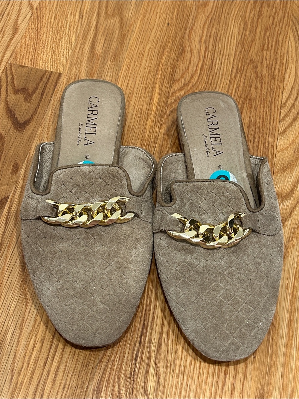 Carmela Taupe Quilted Slip-On Mules with Gold Chain women’s size 8 shoes